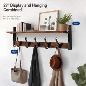 Tatub 29" Rustic Coat Rack Wall Mount with Shelf, Wall Hooks with Shelf, Entryway Floating Shelf with 5 Metal Hooks, Coat Hangers for Entryway, Living Room, Bedroom, Brown Black