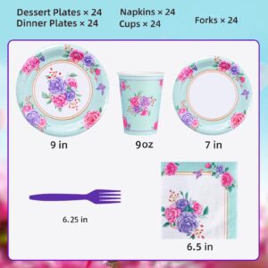 Atonofun Tea Party Supplies, Tea Party Plates and Napkins Sets, Disposable Floral Plates, Cups, Cutlery for Girl's Birthday, Baby Shower, Bridal Shower Floral Party Decorations Serves 24