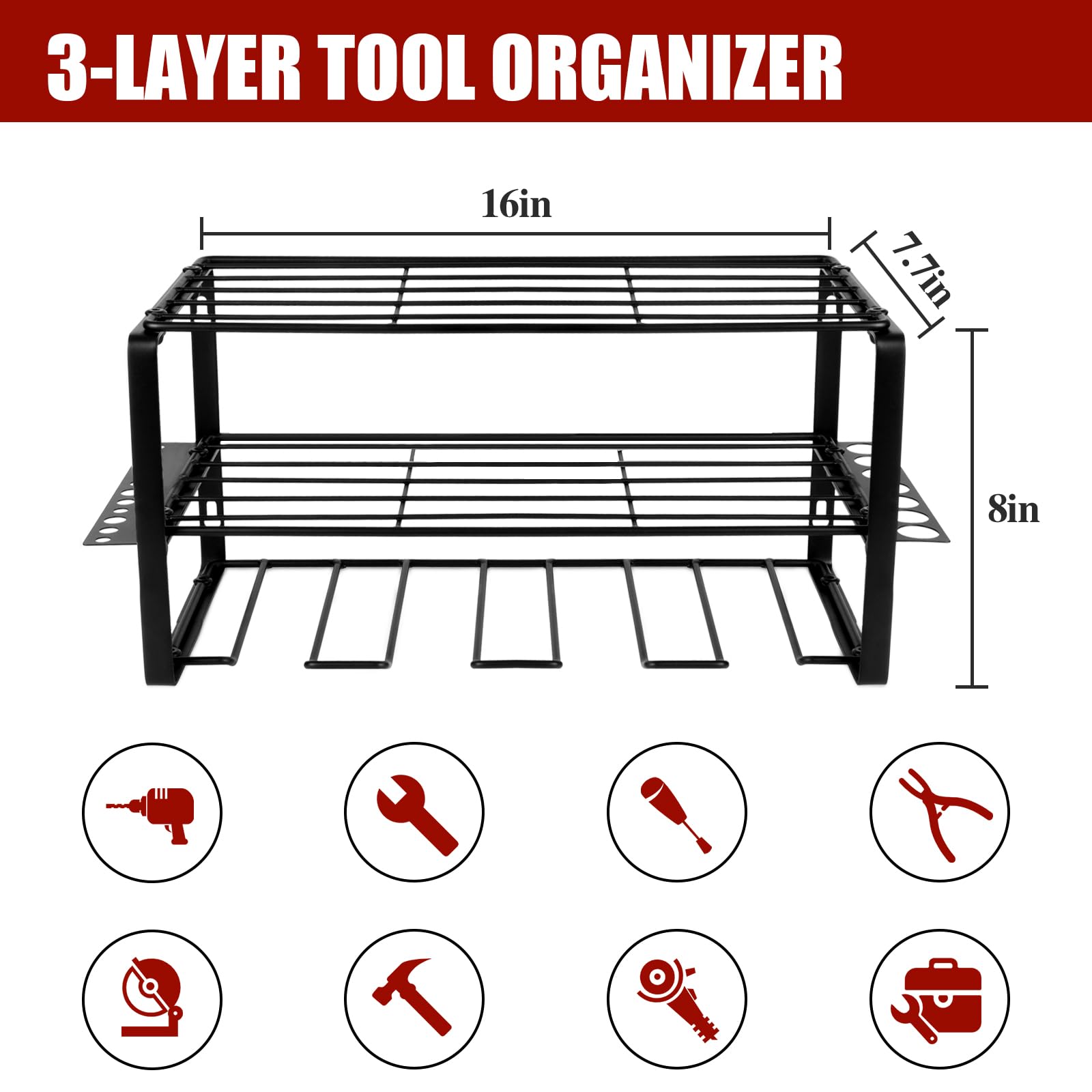 TaoTazon Power Tool Organizer, Wall Mount Garage Tool Organizer and Storage, 3 Layers 4 Drill Holder Wall Mount, Power Tool Holder and Storage Rack for Garage Organization (1 Pack-3 Layers)