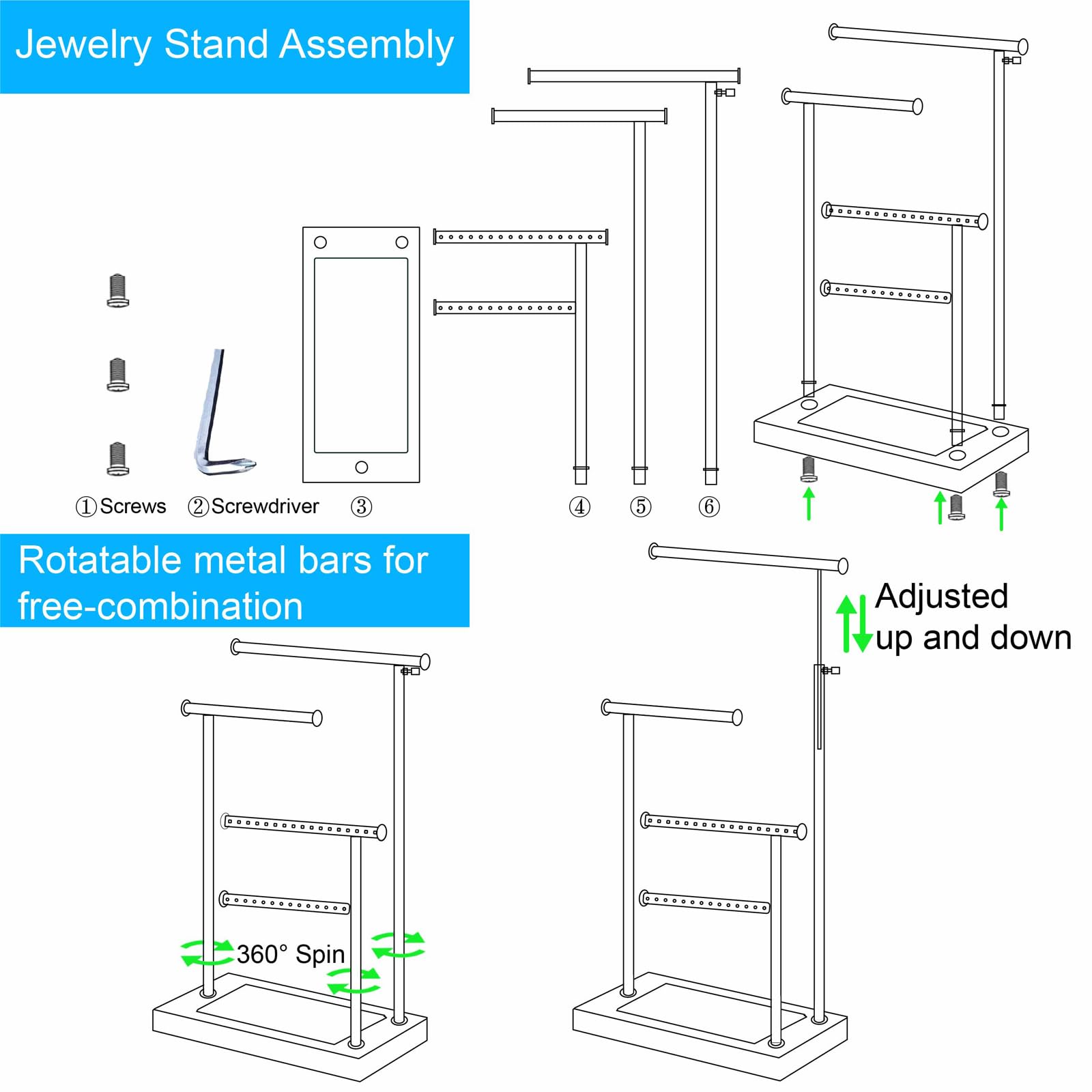 lengnoyp Premium Jewelry Stand, 4-Tier Storage Necklace Holder Stand, Earring Holder AdjustableTall 20I N (Max), Jewelry Organizer for Necklace, Bracelet, Earring, Black