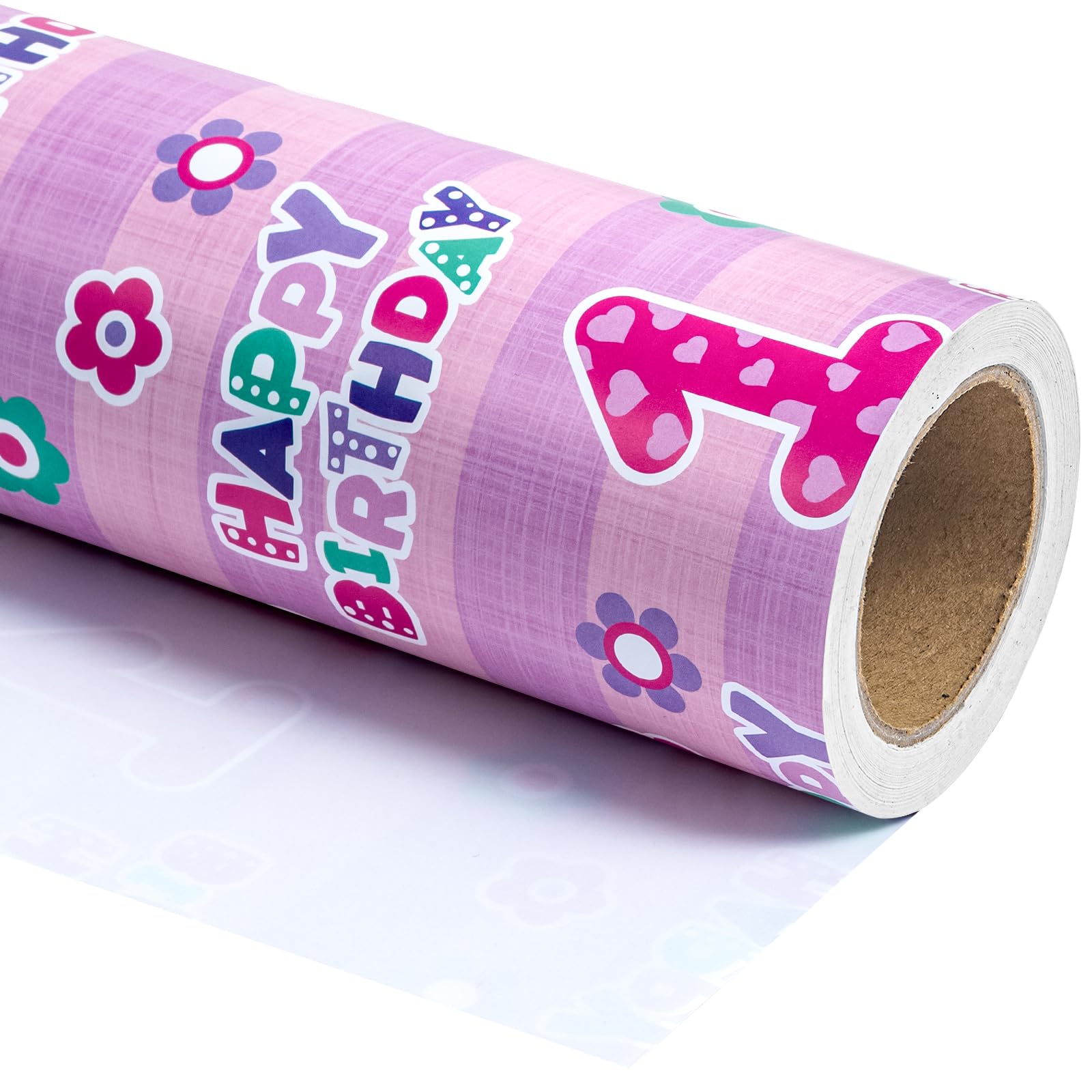 WRAPAHOLIC 1st Birthday Wrapping Paper - Mini Roll - 17 Inch x 33 Feet - Pink Happy Birthday with Floral Design for Birthday, Party, Holiday