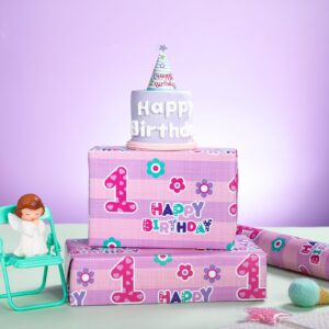 WRAPAHOLIC 1st Birthday Wrapping Paper - Mini Roll - 17 Inch x 33 Feet - Pink Happy Birthday with Floral Design for Birthday, Party, Holiday