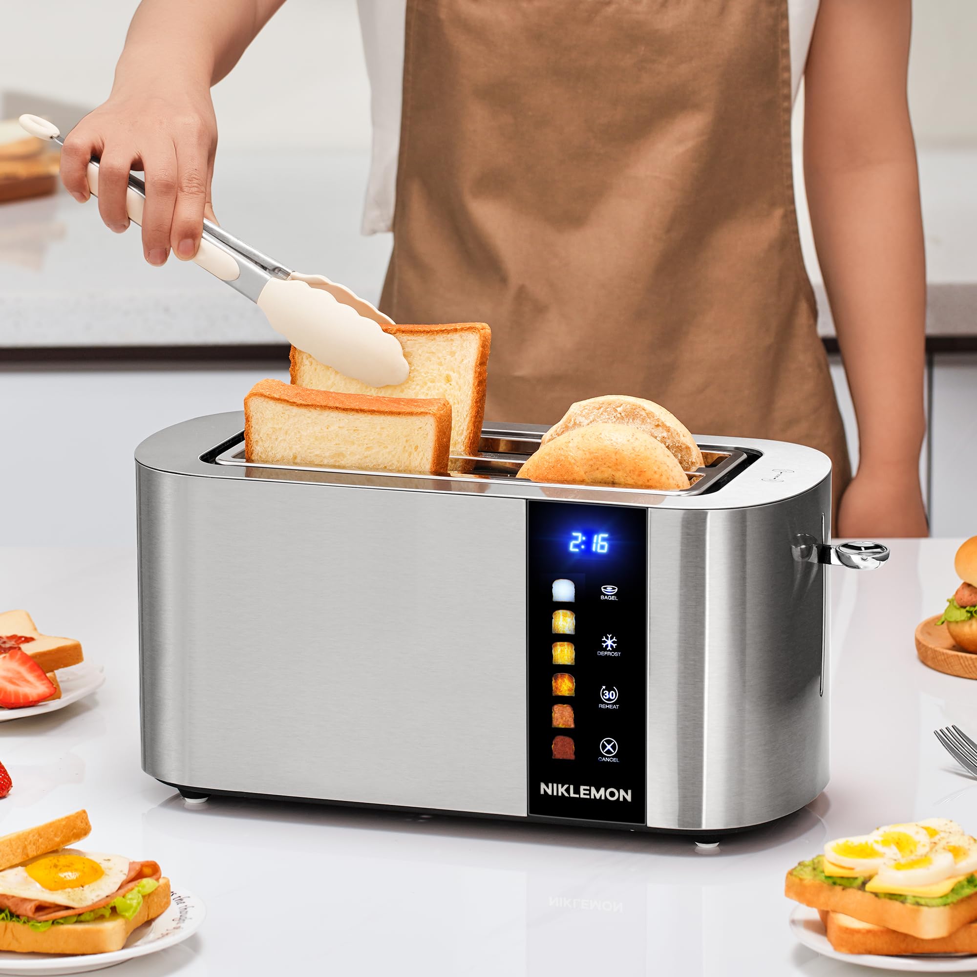 4 Slice Toaster, NIKLEMON Full Stainless Steel Toaster with LED Display, Touch Buttons with Long Extra Wide Slots, Bagel, Defrost, Reheat, Cancel Functions, Removable Crumb Tray, 1300W