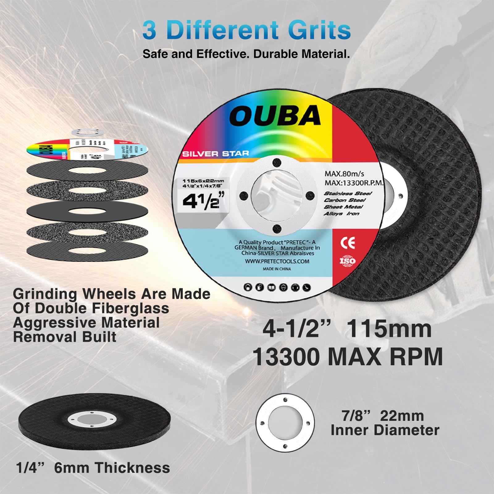 OUBA Cut Off Wheel & Grinding Wheel Flap Disc 43PCS 4 1/2 Inch Angle Grinder Discs Including Cutting wheels, Grinder Disc, Sanding Disc & Wrench 4.5inch x 7/8" Arbor Metal Stainless steel Cut Off Disc