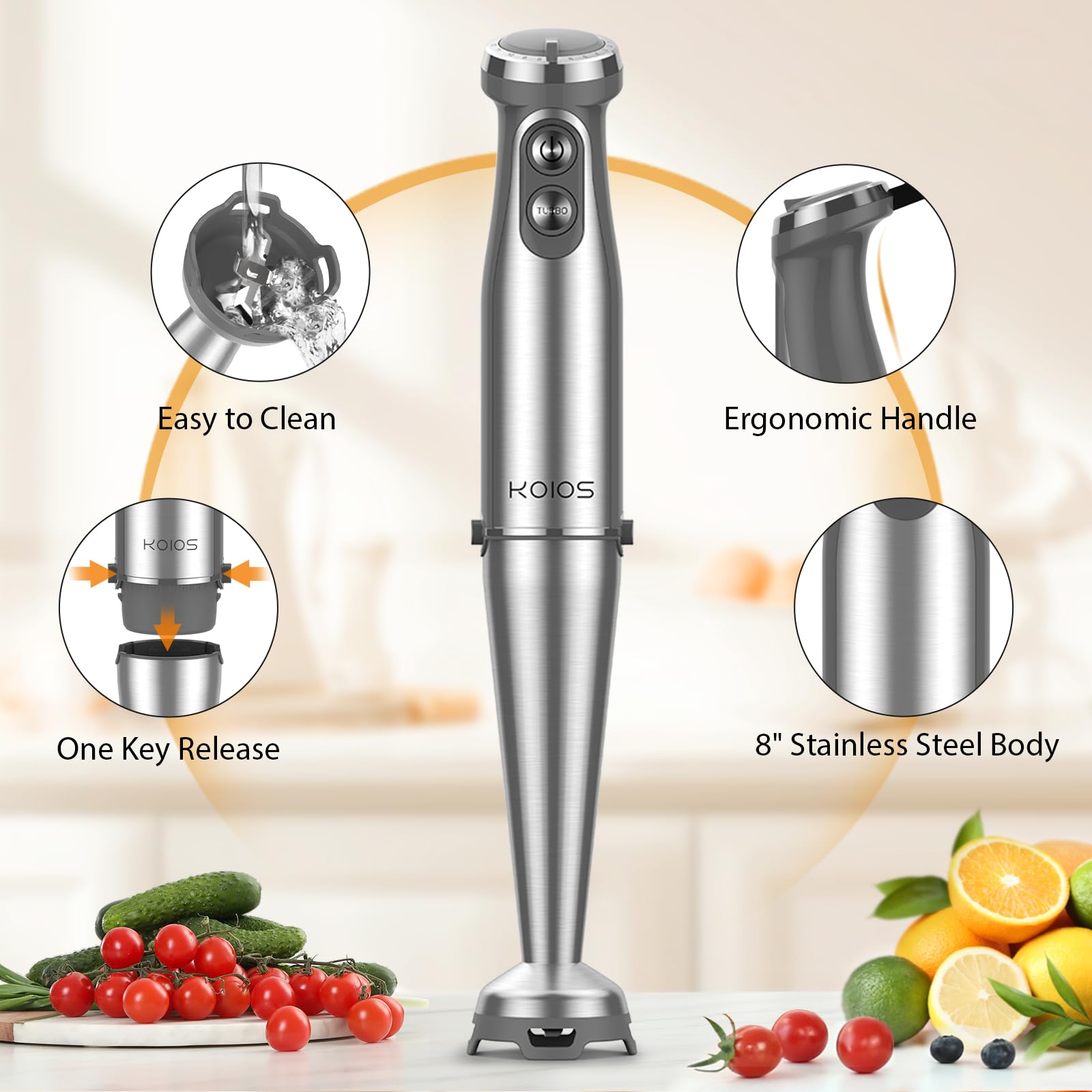 KOIOS Immersion Blender, 1000W Anti-scratch 3-in-1 Hand Blender, Upgraded 12 Speed Stainless Steel Blade Stick Blender with Turbo Mode, Whisk and Milk Frother, Non-BPA