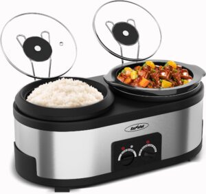 sunvivi 2 in 1 slow cooker and rice cooker, slow cooker with 1.5 qt ceramic pot & 3 temps, rice cooker with 3- cup non-stick aluminum pot & indicator lights, dual control knob, stainless steel