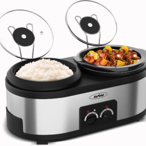 Sunvivi 2 in 1 Slow Cooker and Rice Cooker, Slow Cooker with 1.5 QT Ceramic Pot & 3 Temps, Rice Cooker with 3- Cup Non-Stick Aluminum Pot & Indicator Lights, Dual Control Knob, Stainless Steel