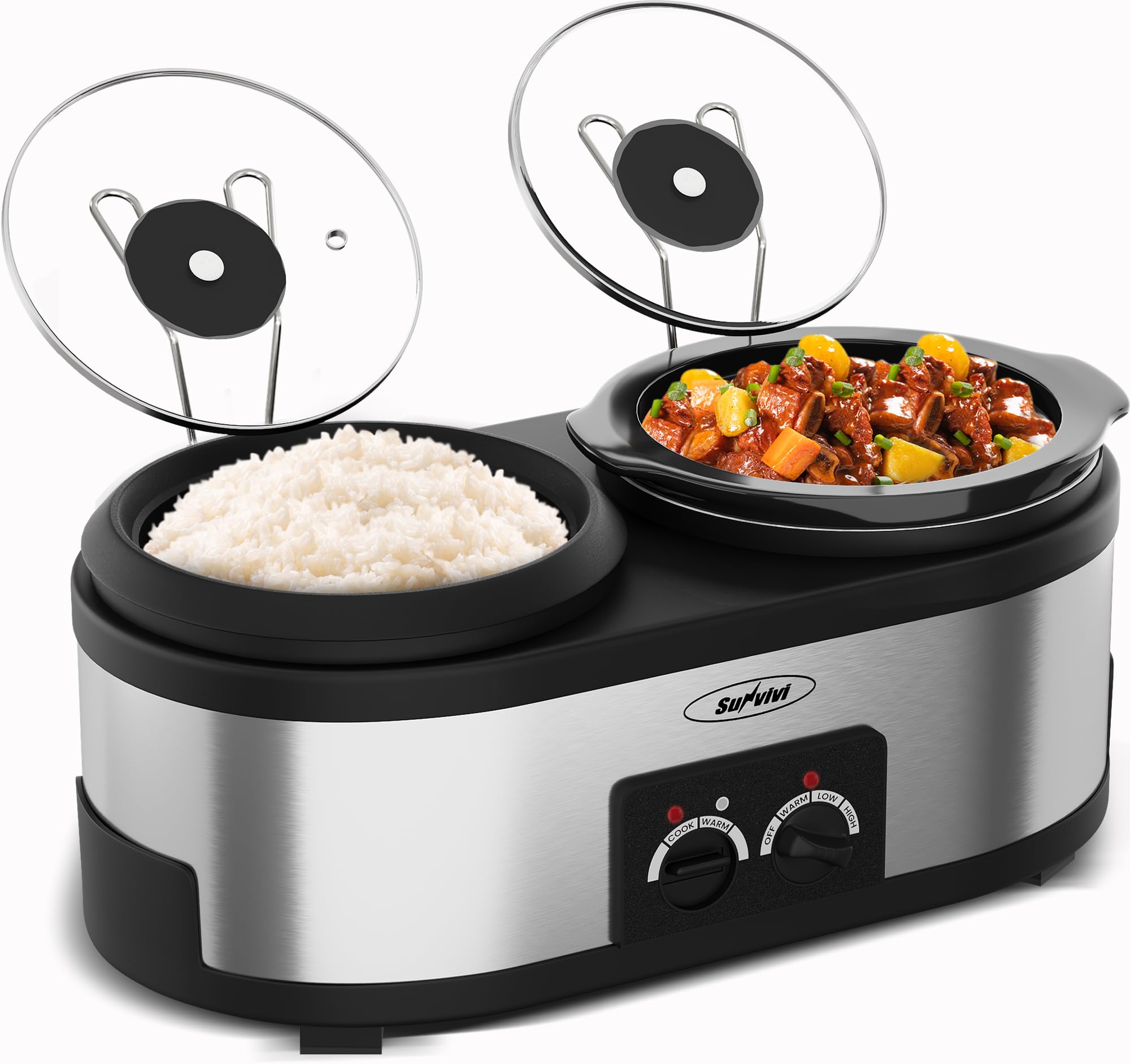 Sunvivi 2 in 1 Slow Cooker and Rice Cooker, Slow Cooker with 1.5 QT Ceramic Pot & 3 Temps, Rice Cooker with 3- Cup Non-Stick Aluminum Pot & Indicator Lights, Dual Control Knob, Stainless Steel