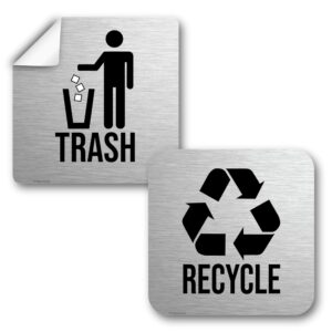 recycle and trash stickers for trash cans - stainless steel style vinyl recycling bin labels - 2 pack - 6.5" by 6.5" decals logo - waste signs for home kitchen or office bins indoor/outdoor use