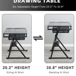 LifeSky Adjustable Drafting Table for Artists - Drawing Table with Storage for Artwork - Glass Art Desk with Drawers for Artists Painters Illustrators Cartoonists