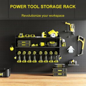 Jofuas Power Tool Organizer Wall-Mounted Metal Tool Rack for 8 Drill Bits with 2 Side Pegboards, Garage Organizing Storage Shelf with Screwdriver Holder/Plier Holder/Hammer Holder.