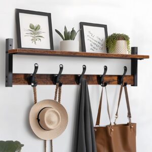 tatub 29" rustic coat rack wall mount with shelf, wall hooks with shelf, entryway floating shelf with 5 metal hooks, coat hangers for entryway, living room, bedroom, brown black