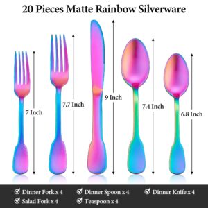 E-far 20-Piece Matte Rainbow Silverware Set, Stainless Steel Flatware Set Service for 4, Colorful Cutlery Set Include Forks Spoons and Knives for Kitchen Home Restaurant, Satin Finish & Widen Handle