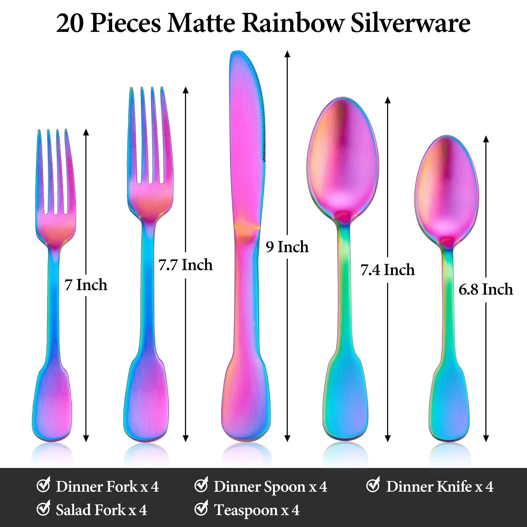 E-far 20-Piece Matte Rainbow Silverware Set, Stainless Steel Flatware Set Service for 4, Colorful Cutlery Set Include Forks Spoons and Knives for Kitchen Home Restaurant, Satin Finish & Widen Handle