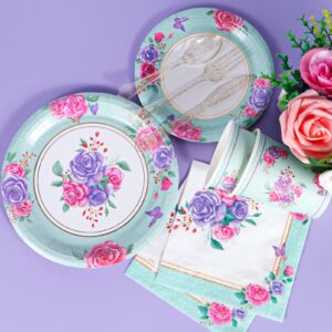 Atonofun Tea Party Supplies, Tea Party Plates and Napkins Sets, Disposable Floral Plates, Cups, Cutlery for Girl's Birthday, Baby Shower, Bridal Shower Floral Party Decorations Serves 24