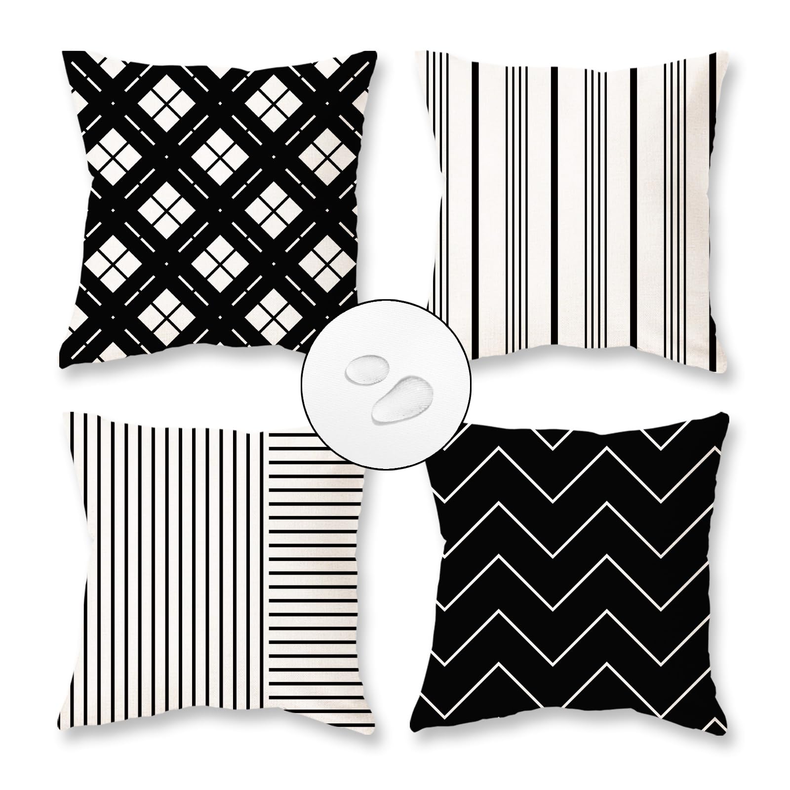 TAJWE Outdoor Waterproof Pillow Covers 18X18 Set of 4 Black and White Modern Geometry Stripe Decorative Cushion Cases for Patio Furniture Couch Porch