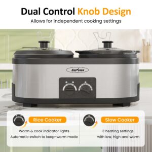 Sunvivi 2 in 1 Slow Cooker and Rice Cooker, Slow Cooker with 1.5 QT Ceramic Pot & 3 Temps, Rice Cooker with 3- Cup Non-Stick Aluminum Pot & Indicator Lights, Dual Control Knob, Stainless Steel