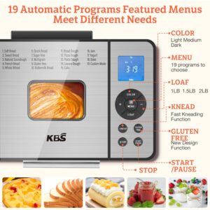 KBS 2LB Bread Maker, 19-in-1 Automatic Bread Machine Stainless Steel with Ceramic Pan,15H Timer&1H Keep Warm, Sourdough, Gluten-Free, 650W Bread Maker Machine with 3 Loaf Sizes 3 Crust Colors, Recipes