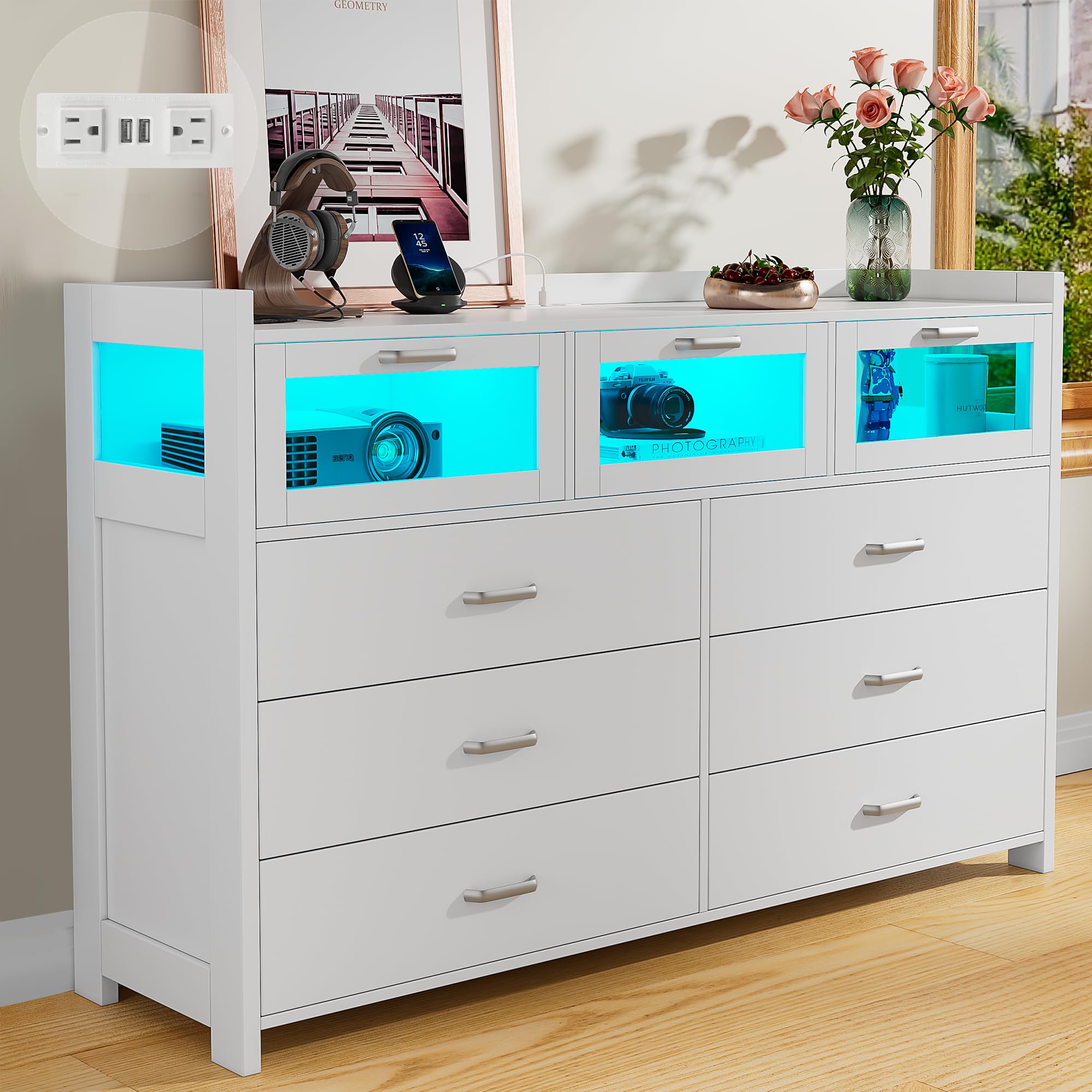 Alohappy White Dresser for Bedroom, 9 Drawers Dresser with LED Lights and Charging Station, Chest of Dresser for Bedroom with 3 Visual Drawers, Wood Drawer Organizer for Bedroom, Living Room, Hallway