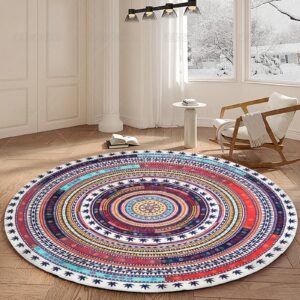 round washable rug,4ft washable round rug round entryway rug non-slip soft washable rug round circle pile rug for dining room table(4'x4',multicolor)