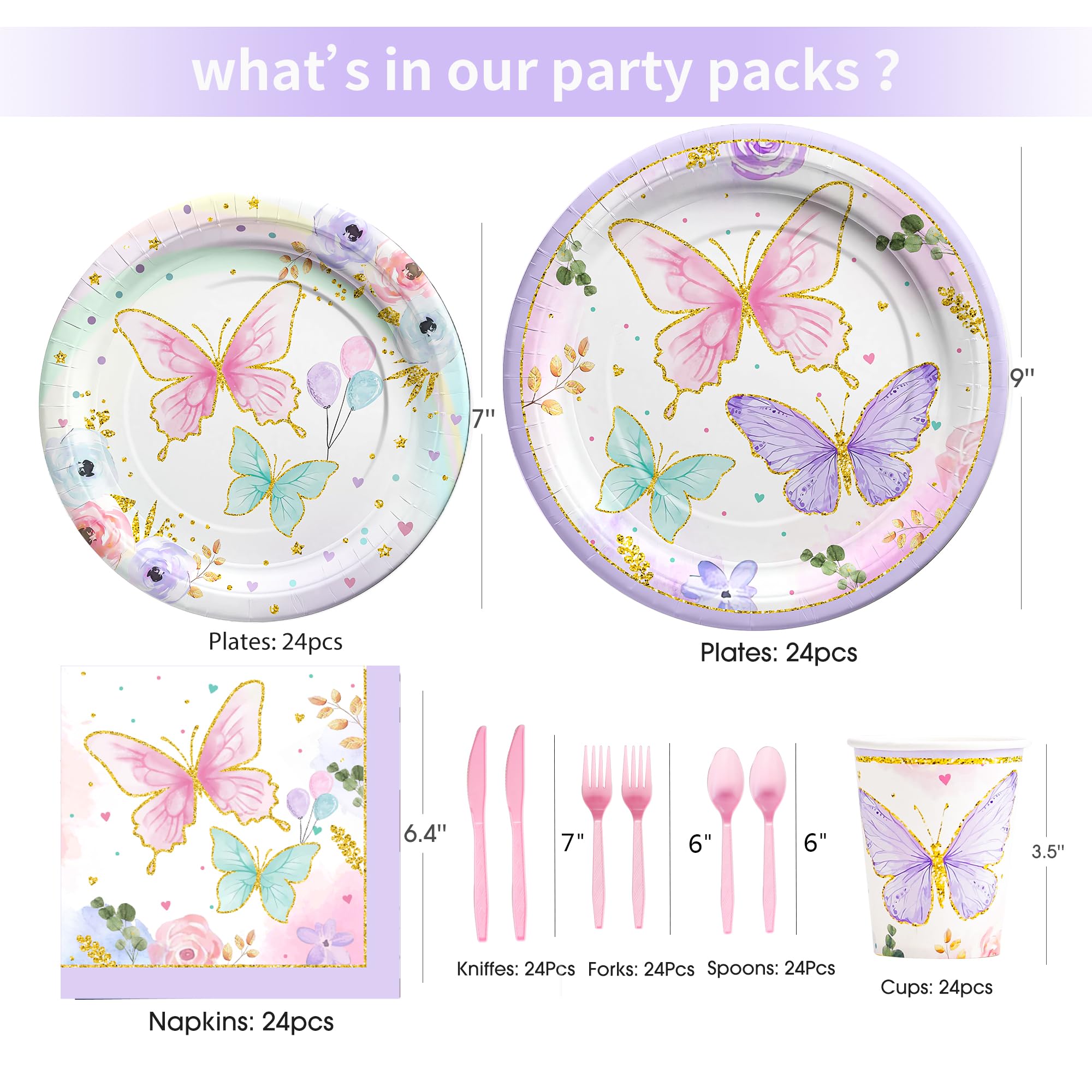 PYCALOW Butterfly Birthday Party Supplies - Butterfly Party Decorations Tableware Include Paper Plate, Napkin, Cup, Disposable Cutlery, Butterfly Baby Shower Decorations Dinnerware | 24 Guests