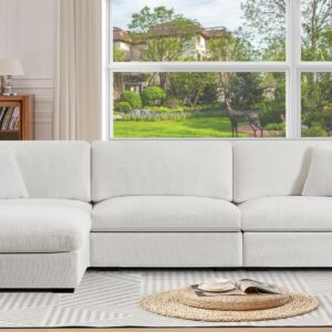 Sectional Sofa Deep Couch with Chaise Modular Sectional Couch with Extra Large Ottoman Corduroy Sectioanl Sofa Sleeper Couch for Living Room Apartment (White, 3 Seater with Ottoman)