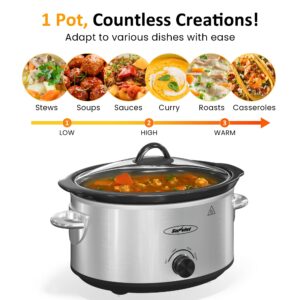 Sunvivi Small Slow Cooker 4QT, Mini Food Warmer with 3 Heating Settings, Removable Ceramic Pot, Dishwasher Safe Glass Lid, Stainless Steel, Silver