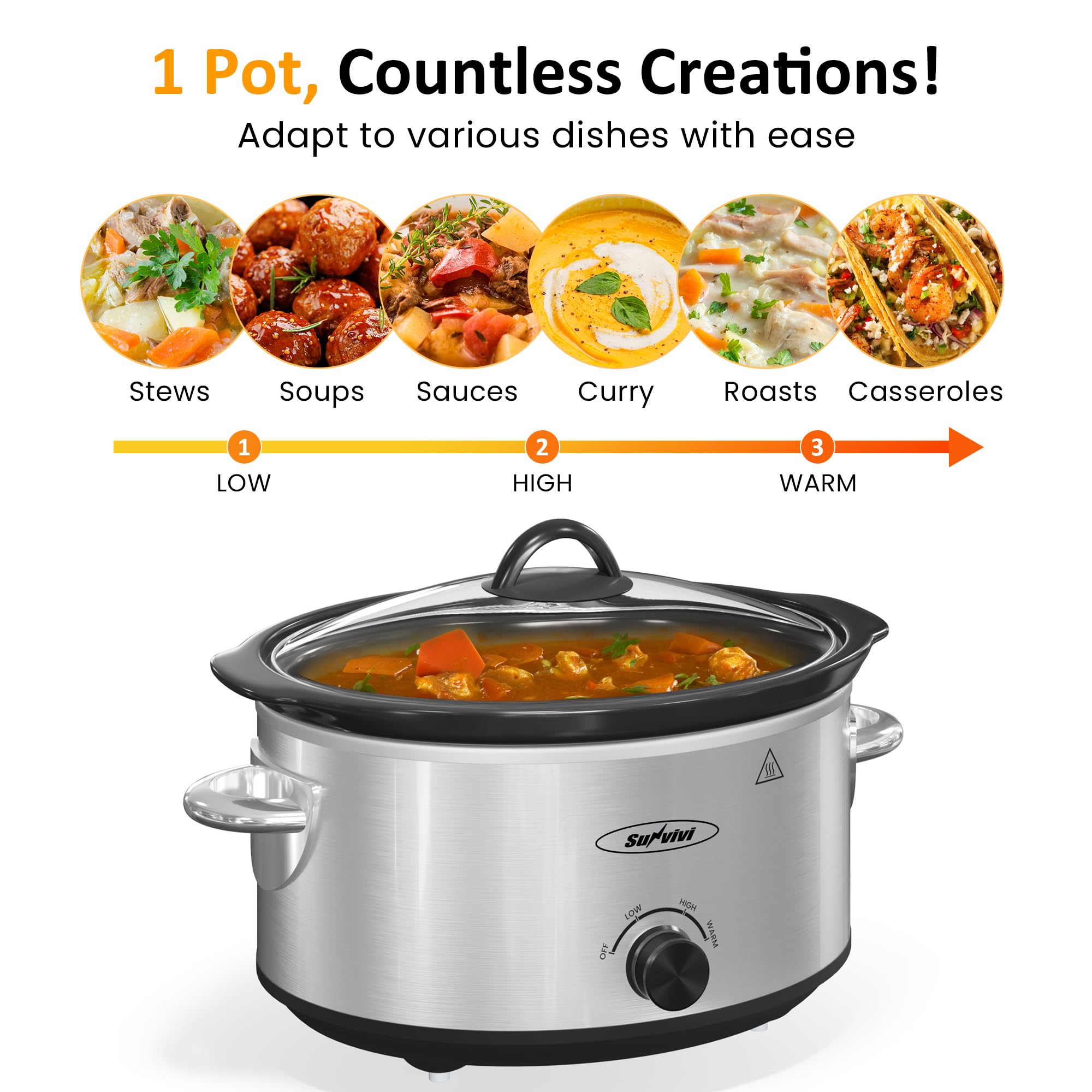 Sunvivi Small Slow Cooker 4QT, Mini Food Warmer with 3 Heating Settings, Removable Ceramic Pot, Dishwasher Safe Glass Lid, Stainless Steel, Silver