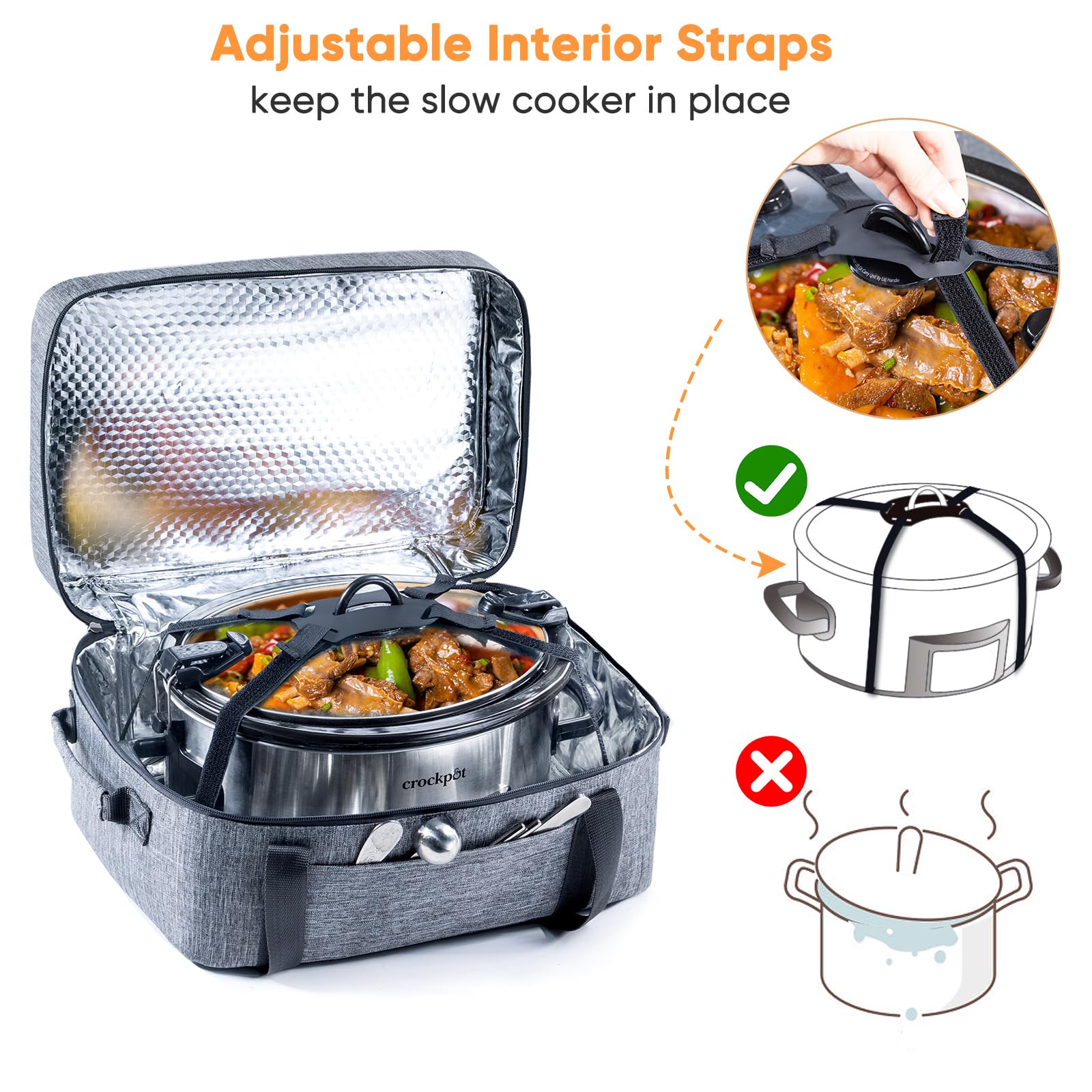 BAGSPRITE Double-Layer Slow Cooker Carrying Bag for 6-8 Quart CrockPot and Hamilton Beach Slow Cooker, Travel Bag with Lid Fastener for Crock-pot, Portable Carrier Case Slow Cooker Bag