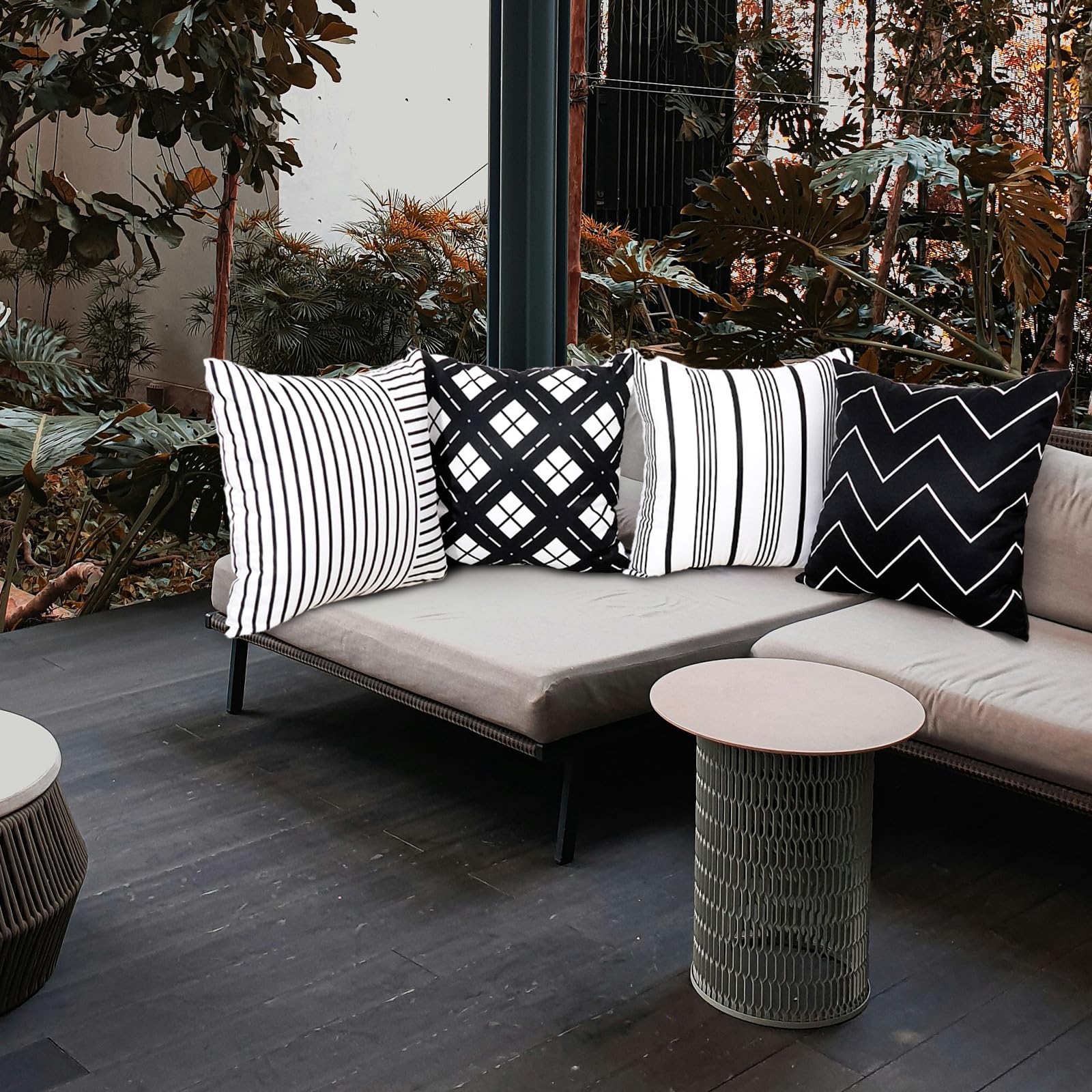 TAJWE Outdoor Waterproof Pillow Covers 18X18 Set of 4 Black and White Modern Geometry Stripe Decorative Cushion Cases for Patio Furniture Couch Porch