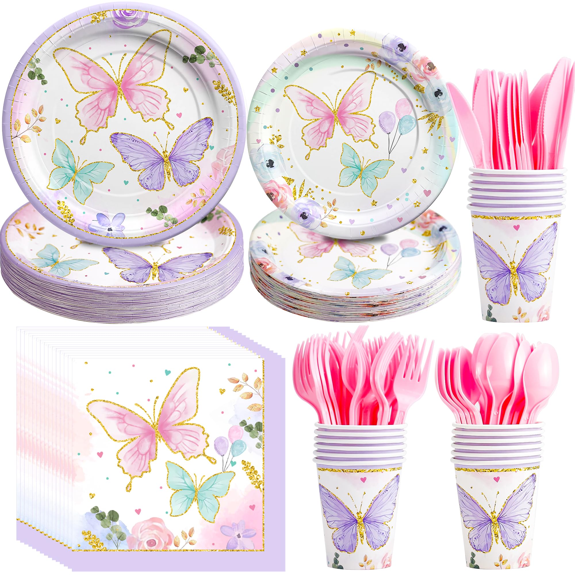 PYCALOW Butterfly Birthday Party Supplies - Butterfly Party Decorations Tableware Include Paper Plate, Napkin, Cup, Disposable Cutlery, Butterfly Baby Shower Decorations Dinnerware | 24 Guests