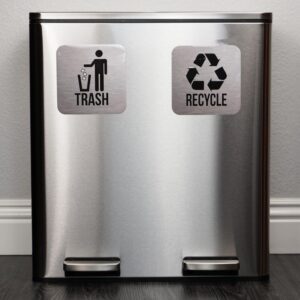 Recycle and Trash Stickers for Trash Cans - Stainless Steel Style Vinyl Recycling Bin Labels - 2 Pack - 6.5" by 6.5" Decals Logo - Waste Signs for Home Kitchen or Office Bins Indoor/Outdoor Use