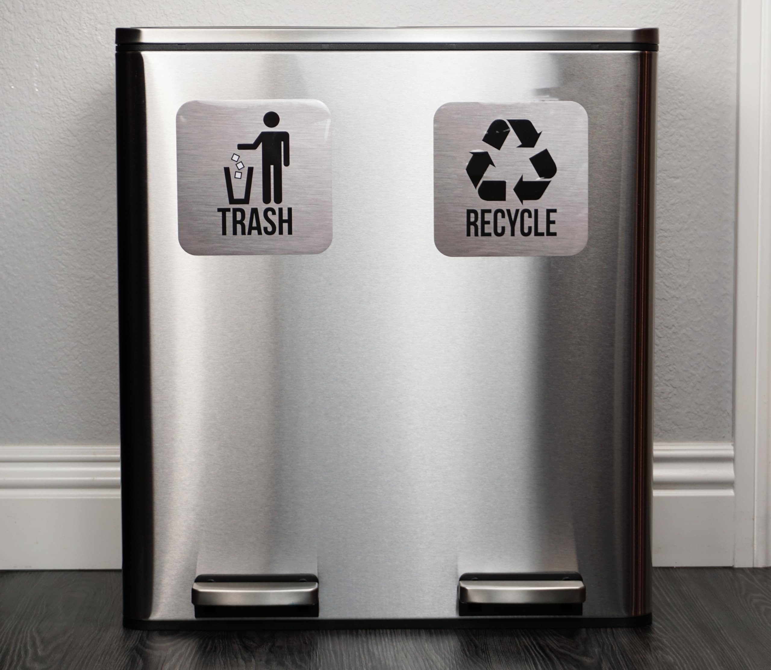 Recycle and Trash Stickers for Trash Cans - Stainless Steel Style Vinyl Recycling Bin Labels - 2 Pack - 6.5" by 6.5" Decals Logo - Waste Signs for Home Kitchen or Office Bins Indoor/Outdoor Use