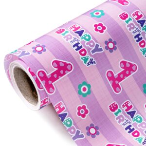 wrapaholic 1st birthday wrapping paper - mini roll - 17 inch x 33 feet - pink happy birthday with floral design for birthday, party, holiday