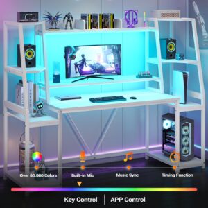 SEDETA White Gaming Desk 65.7'' with LED Lights, Hutch and Storage Shelves, Computer Desk with Monitor Stand, Large PC Gamer Desk Workstation, Ergonomic Gaming Table for Bedroom, Living Room