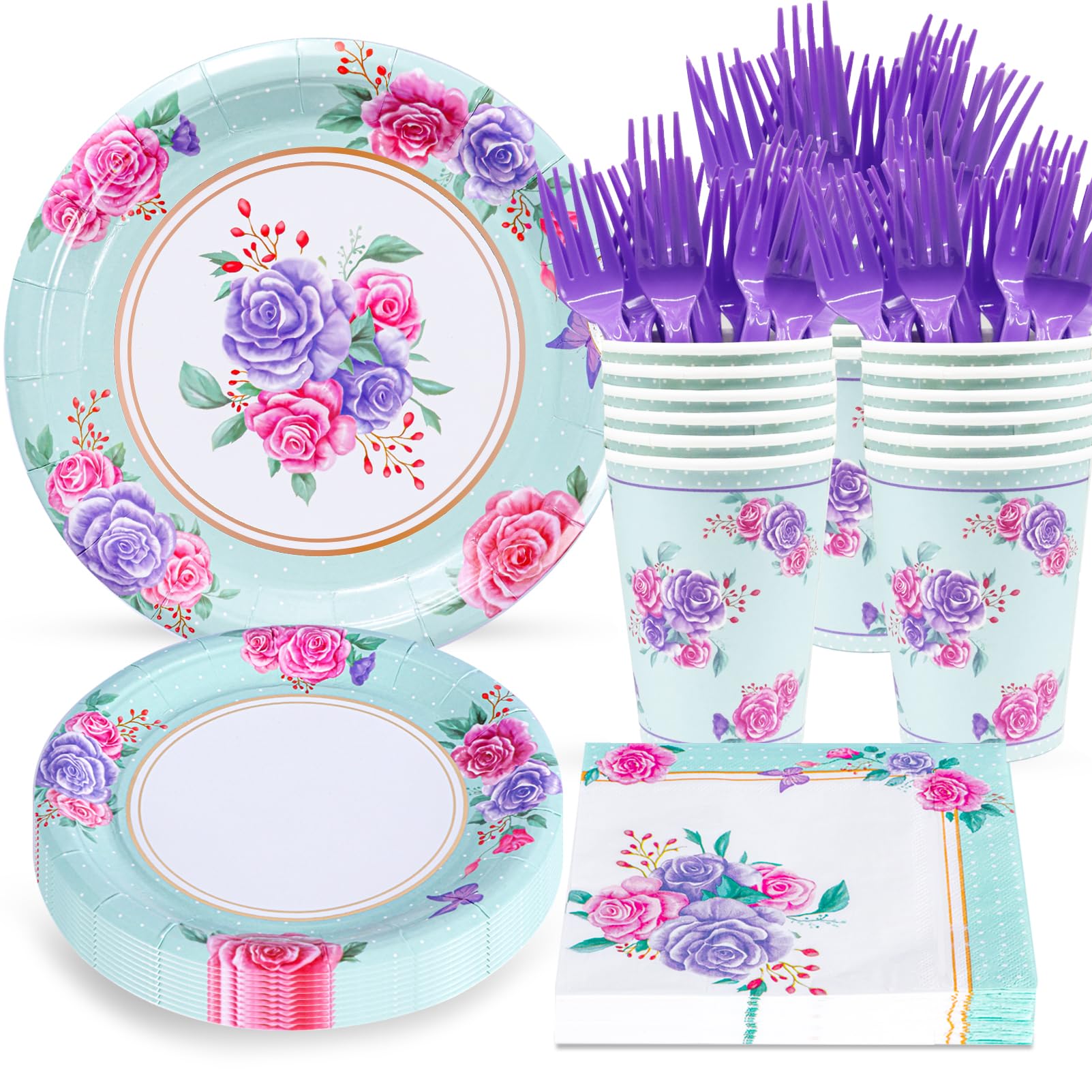 Atonofun Tea Party Supplies, Tea Party Plates and Napkins Sets, Disposable Floral Plates, Cups, Cutlery for Girl's Birthday, Baby Shower, Bridal Shower Floral Party Decorations Serves 24