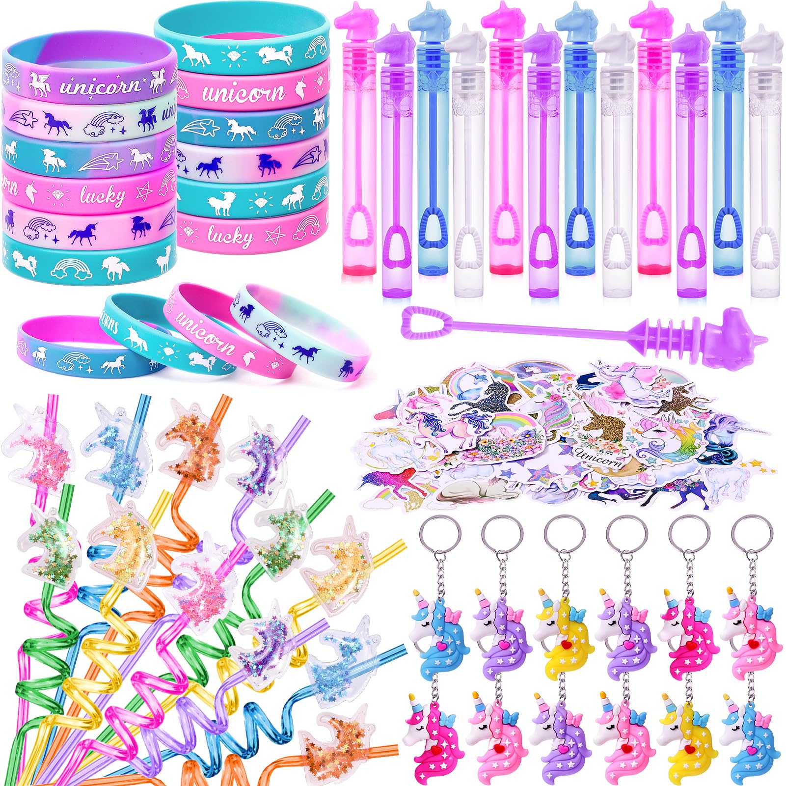 KELENO 98 Unicorn Party Favors Birthday Supplies for Girls Kids Straw Bubble Silicone Band Sticker Rainbow Unicorn Toy Gift Filler Goodie Bag Stuffer Unicorn Party Supplies