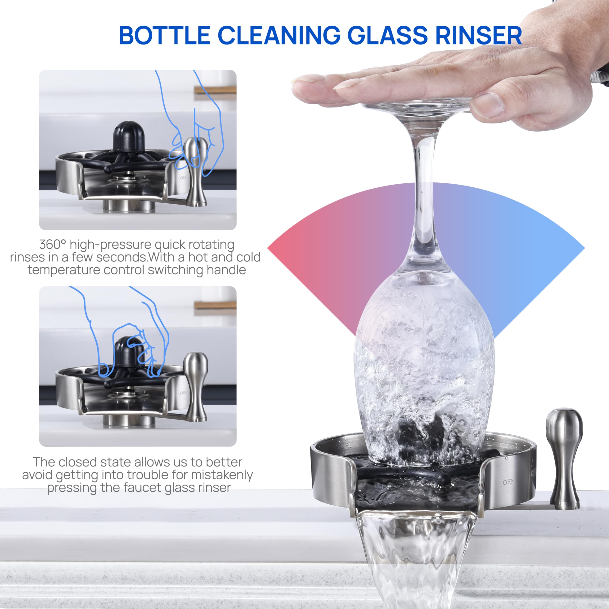 2024 NEW Metal Faucet Glass Rinser for Kitchen Sink - Upgraded Hot and Cold Switching 360° Rotating Cup Washer, Faucet Bottle Cleaner Washer for Sink Attachment, Bar Cup Rinser (Brushed Nickel)