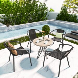 Patio Dining Chairs Set of 4, Outdoor Rattan Stackable Chairs for All Weather, Support 330 LBS, Metal Heavy Duty Portable Chair with Armrests for Backyard Lawn Garden Porch Pool and Deck Black