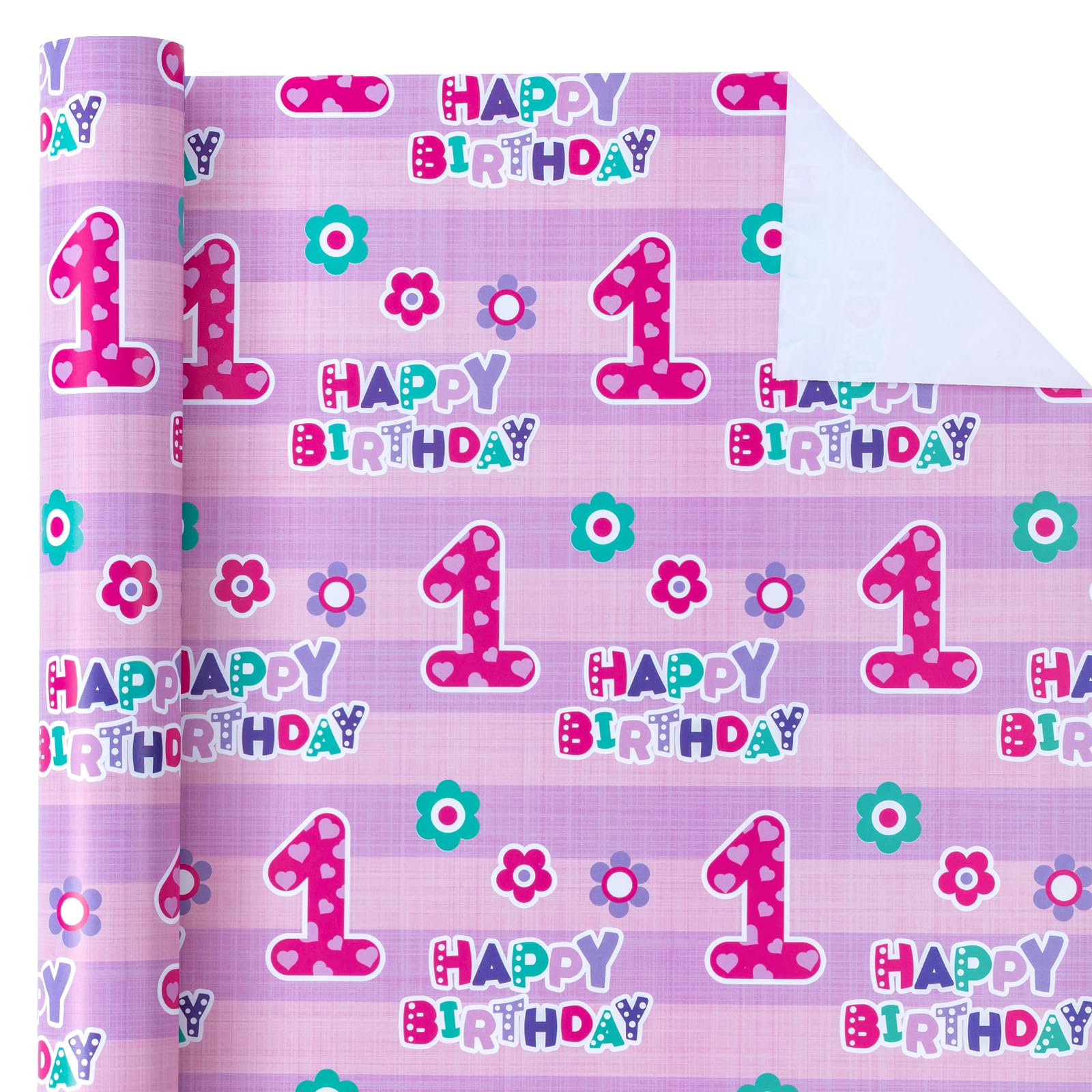 WRAPAHOLIC 1st Birthday Wrapping Paper - Mini Roll - 17 Inch x 33 Feet - Pink Happy Birthday with Floral Design for Birthday, Party, Holiday