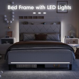 Vabches Queen Size Bed Frames with LED Lights, Upholstered Platform Bed with Charging Station, Storage Space Under The Bed, Steel Slat Support, No Box Spring Needed, Noise Free, Off White