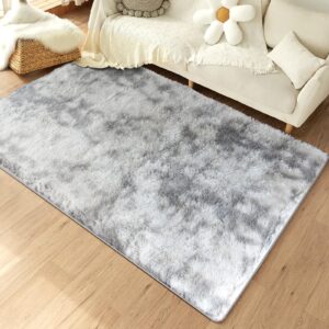 gogrinliv fluffy shag area rug, modern 6.5x7.5ft rugs for bedroom, non-slip floor carpet for living room, soft plush area rugs for dorm, nursery, study room, dressing room tie-dyed light grey