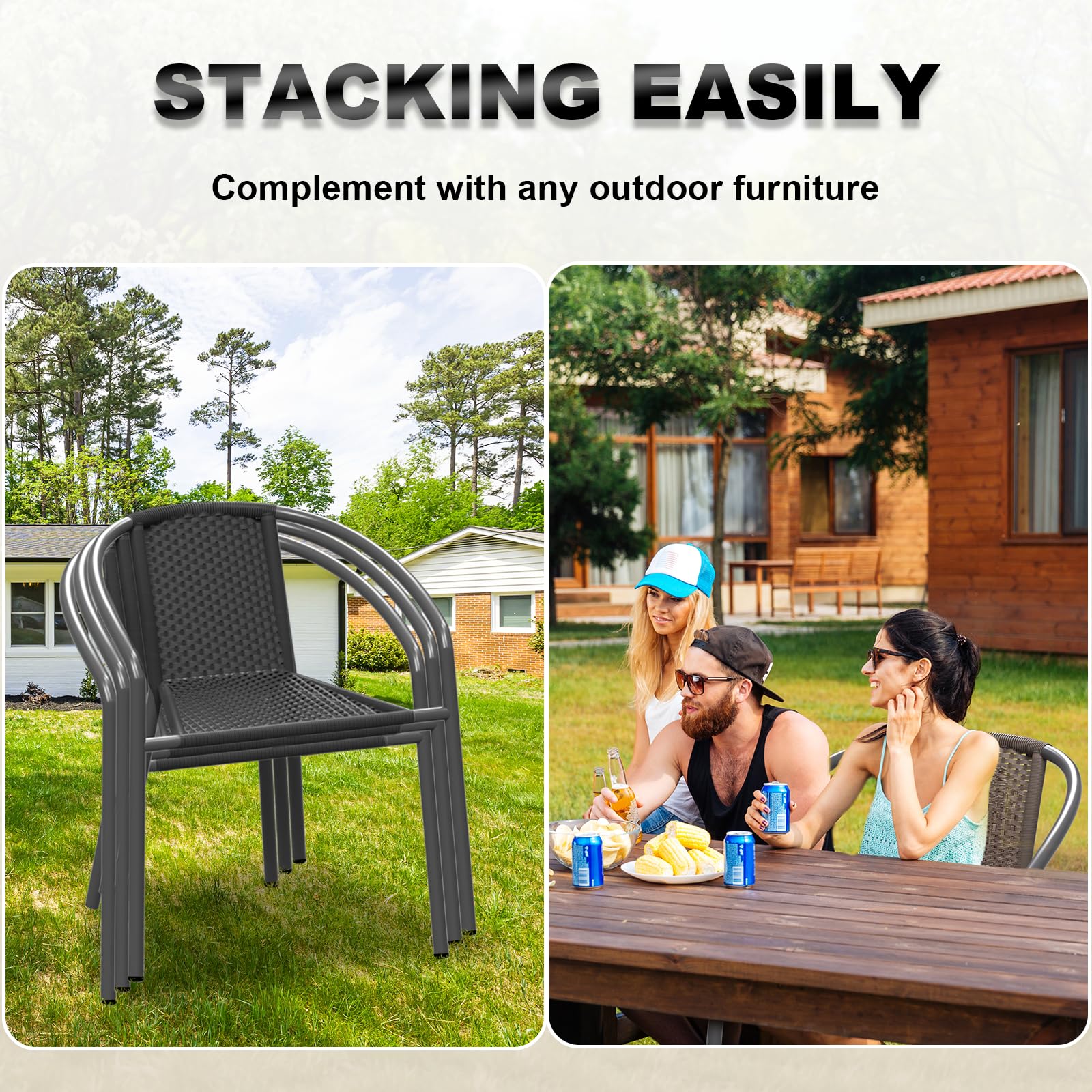 Patio Dining Chairs Set of 4, Outdoor Rattan Stackable Chairs for All Weather, Support 330 LBS, Metal Heavy Duty Portable Chair with Armrests for Backyard Lawn Garden Porch Pool and Deck Black