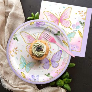 PYCALOW Butterfly Birthday Party Supplies - Butterfly Party Decorations Tableware Include Paper Plate, Napkin, Cup, Disposable Cutlery, Butterfly Baby Shower Decorations Dinnerware | 24 Guests