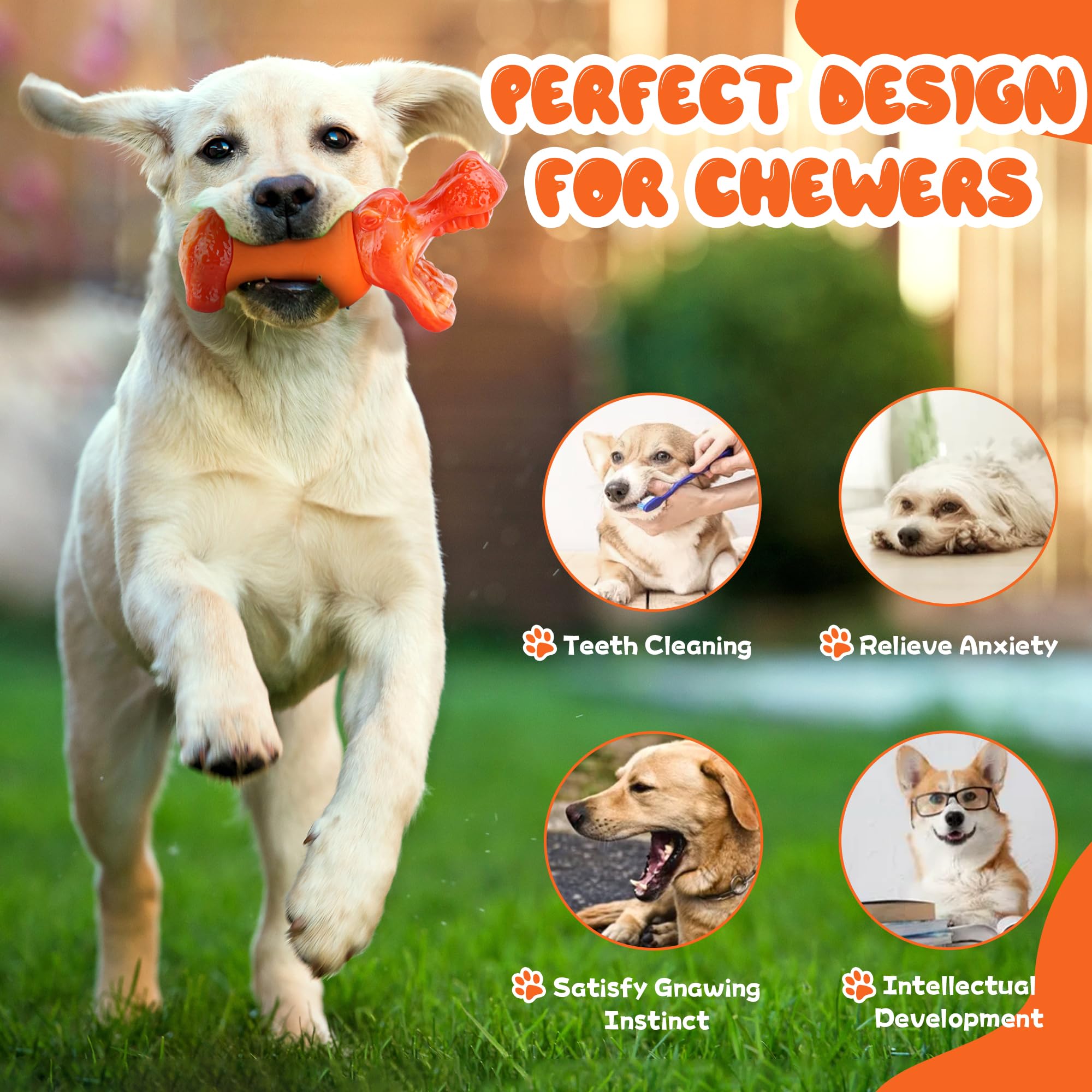 WASG PET Dog Chew Toys for Aggressive Chewers, Tough and Durable Chew Toy for Aggressive Chewers, for Medium Large Breed, Ideal Super Chewer Dog Toys with Real Bacon Flavor,Orange