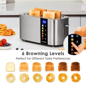 4 Slice Toaster, NIKLEMON Full Stainless Steel Toaster with LED Display, Touch Buttons with Long Extra Wide Slots, Bagel, Defrost, Reheat, Cancel Functions, Removable Crumb Tray, 1300W