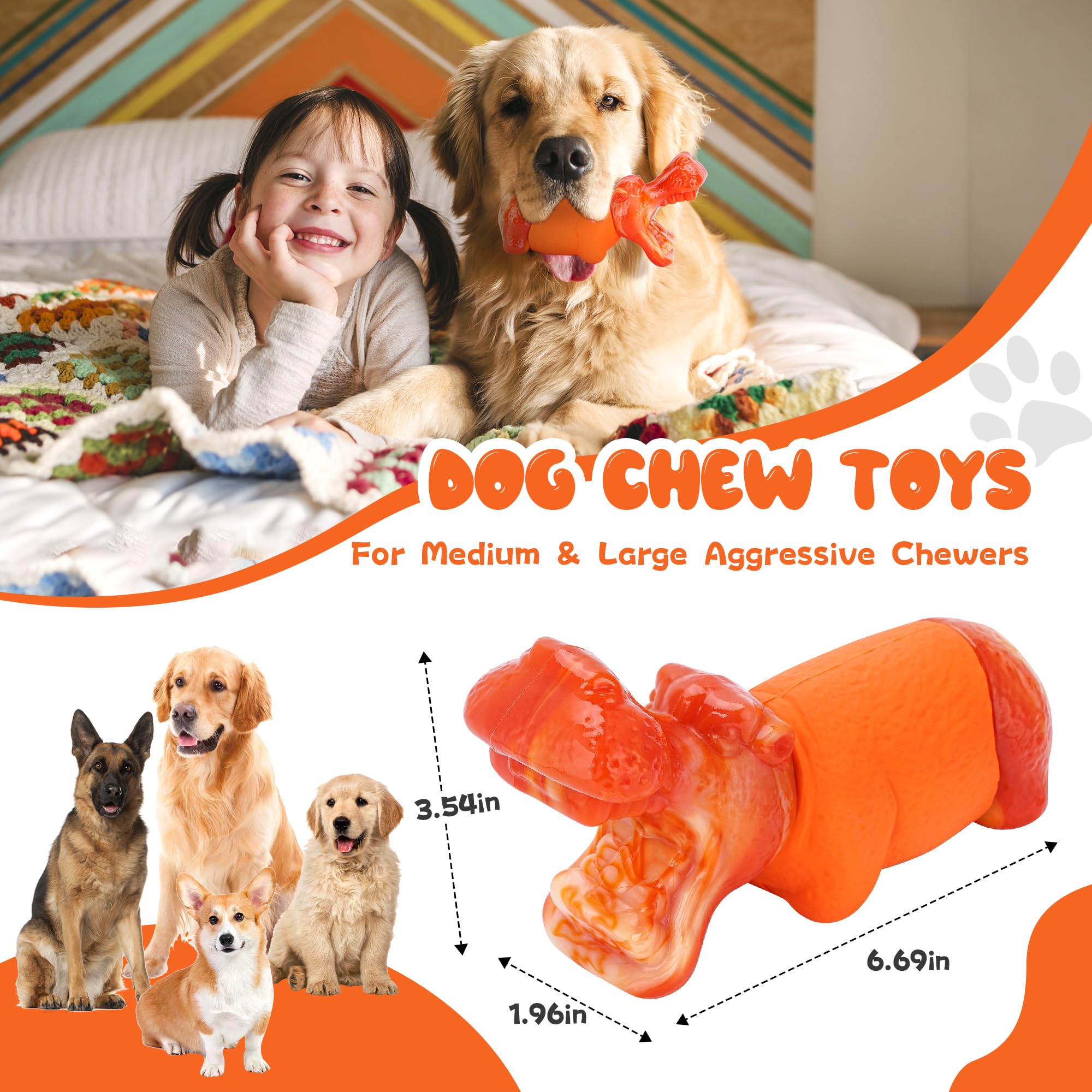 WASG PET Dog Chew Toys for Aggressive Chewers, Tough and Durable Chew Toy for Aggressive Chewers, for Medium Large Breed, Ideal Super Chewer Dog Toys with Real Bacon Flavor,Orange