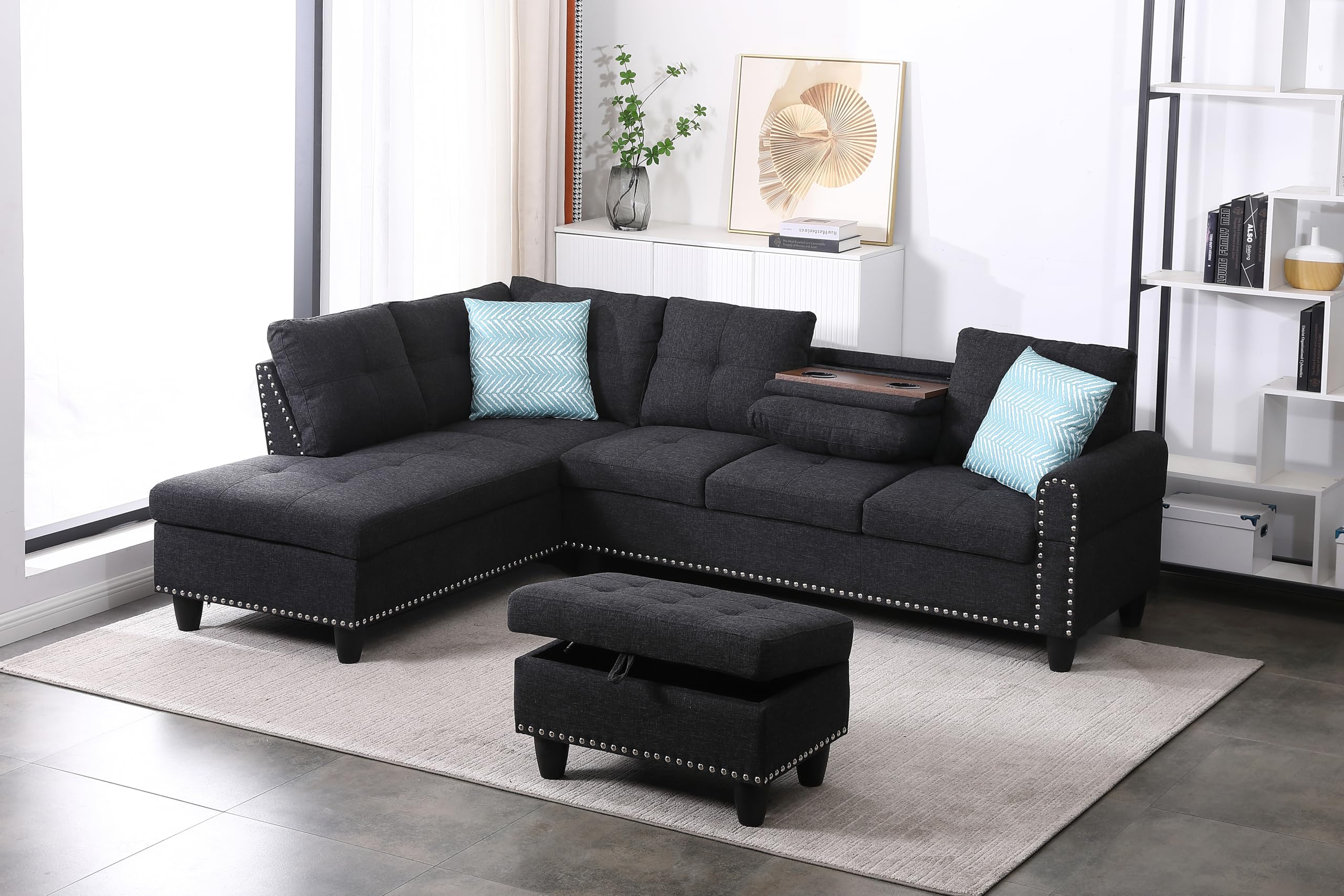 NicBex Sectional Couches for Living Room Modern Wide Left Hand Facing Sofa & Chaise with Ottoman Sectional Couch Comfy Couches for Living Room, Apartment, Charcoal Grey