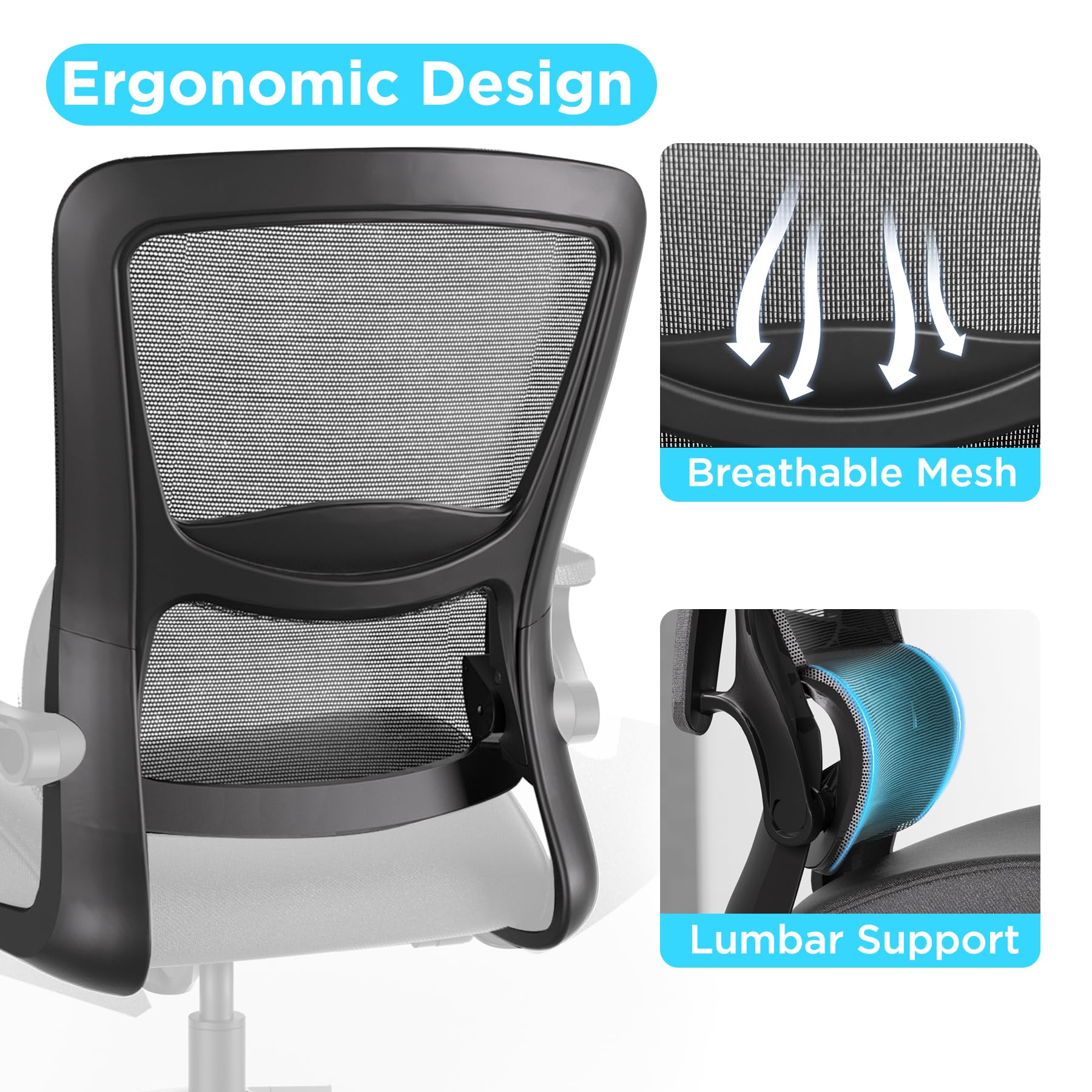 Ergonomic Mesh Office Chair, High-Back Computer Desk Chair with Flip-Up Armrests, Lumbar Support, Breathable Cushion, Space-Saving Gaming & Study Chair, Comfortable for Home Office, Black