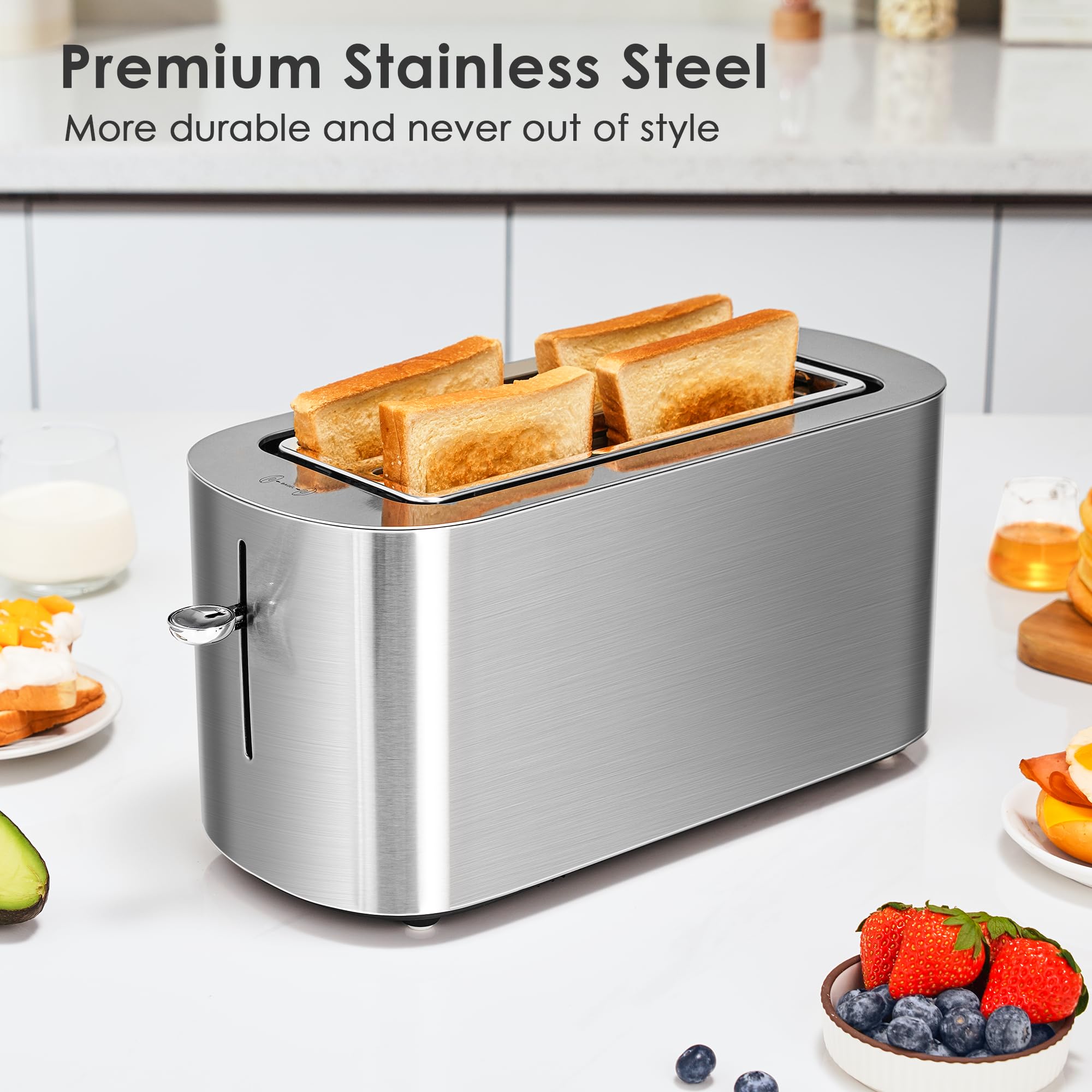 4 Slice Toaster, NIKLEMON Full Stainless Steel Toaster with LED Display, Touch Buttons with Long Extra Wide Slots, Bagel, Defrost, Reheat, Cancel Functions, Removable Crumb Tray, 1300W